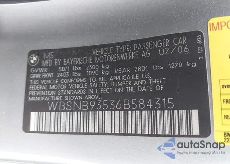 2006 BMW M5 z USA, uszkodzony, nr VIN WBSNB93536B584315